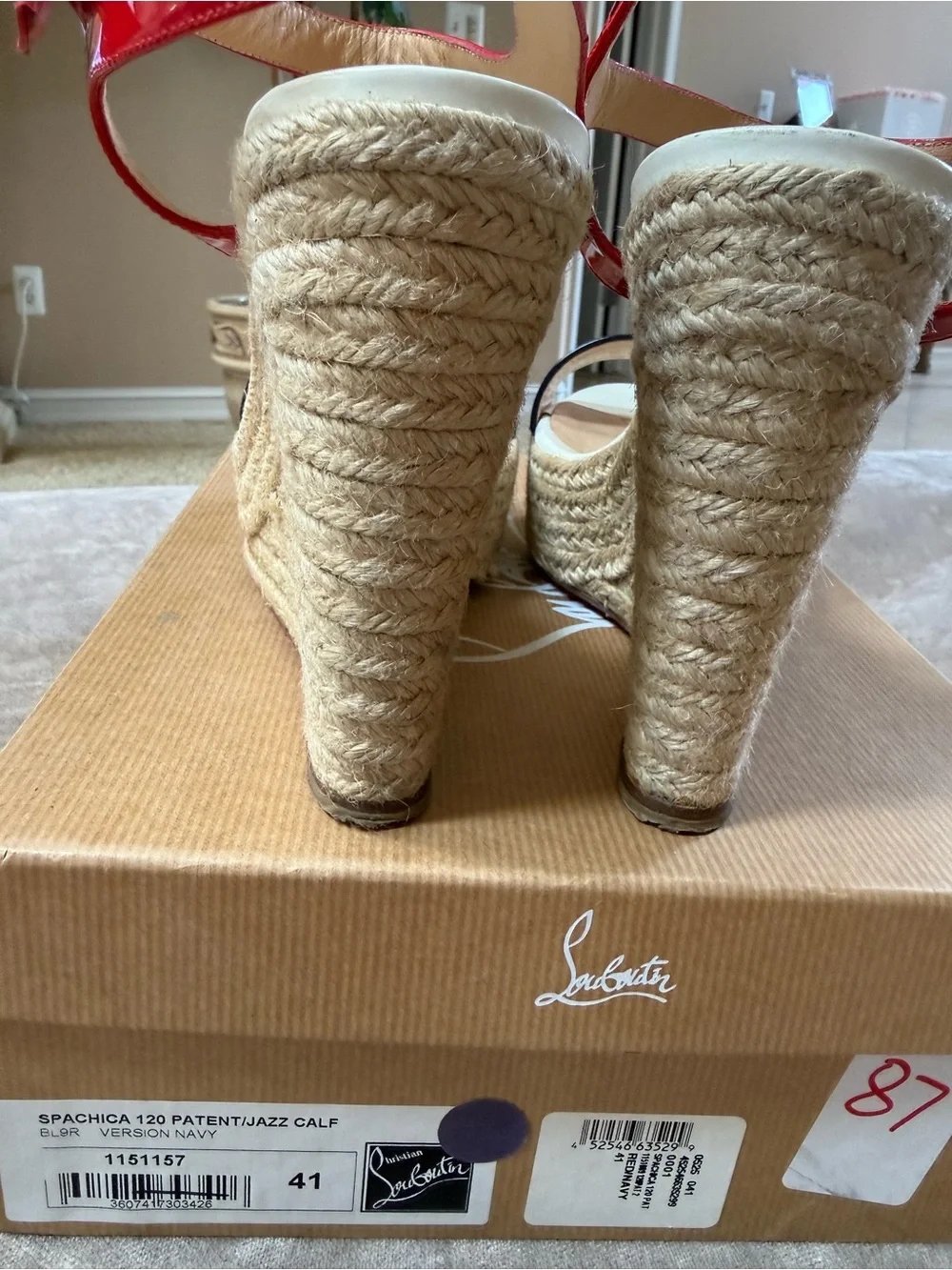 Christian Louboutin Red/White Patent & Navy Patent Espadrille Wedge Sandals